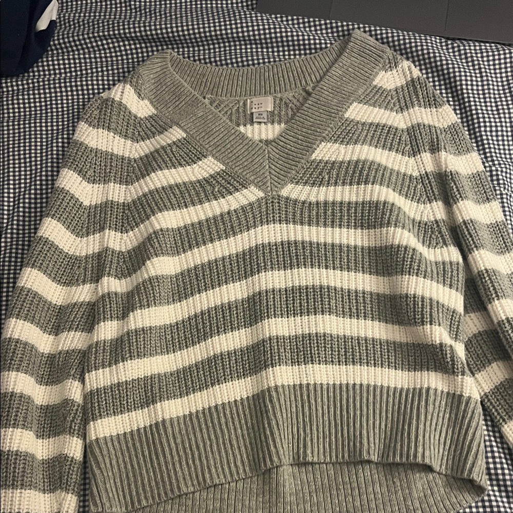 a new day V-Neck Sweater - Gray and Cream Stripes